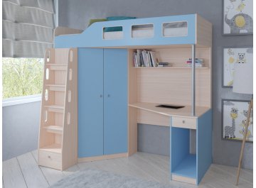 Кровать-чердак Астра 7 дуб молочный / голубой