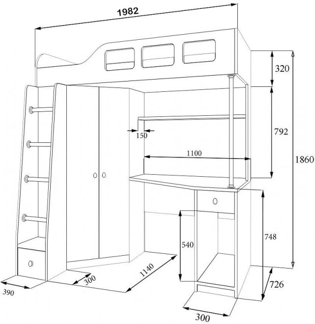 Кровать-чердак Астра 7 дуб молочный / салатовый