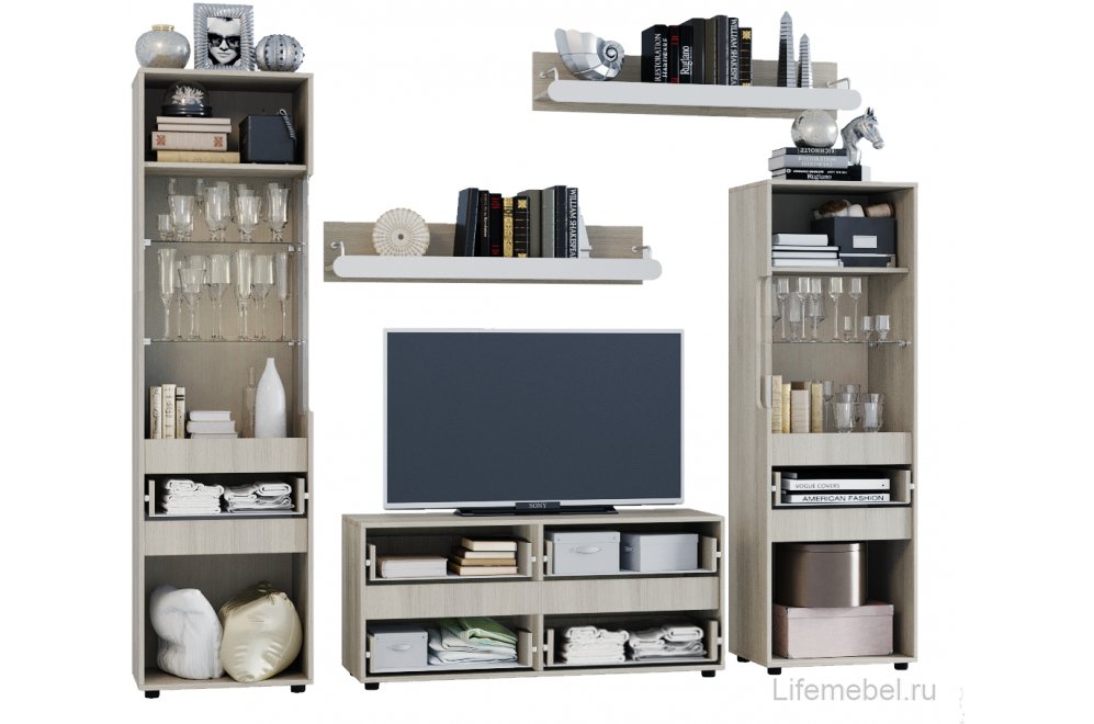 Готовая гостиная Палермо-3 НМ ясень шимо светлый / глянцевая белая