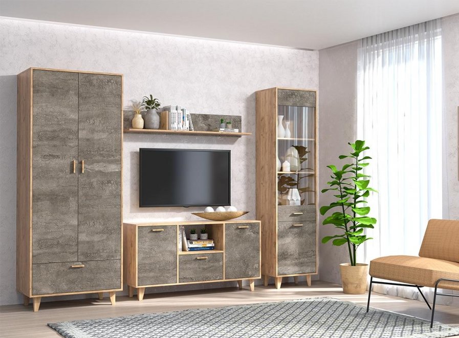 Модульная гостиная Эго дуб крафт золотой / камень темный комплектация 1