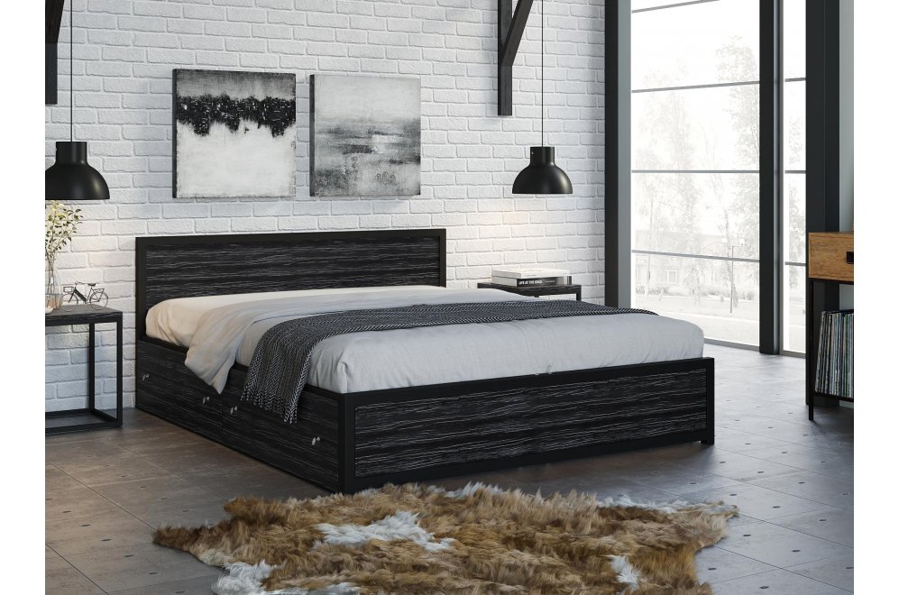 Двуспальная кровать Титан Лофт 160х200 черная / северное дерево темное ...