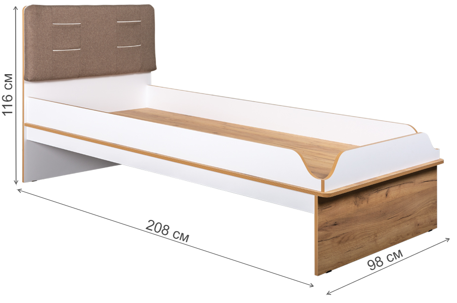 Кровать односпальная Вуди 11.01 90 x 200 см белый премиум / дуб золотой craft / эко 100 к/з гранд белый / савана латте