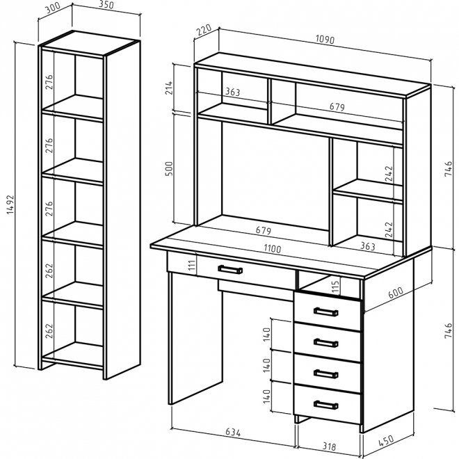 Письменный стол Лайт-5Я 145 см с надстройкой дуб молочный