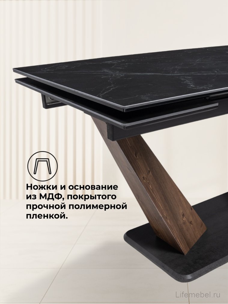 Керамический стол Кели 140(200)х80х76 черный мрамор / орех кантри / черный