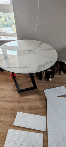 Стеклянный стол Алингсос 100(140)х100х76 белый / белая шагрень фото покупателя 4